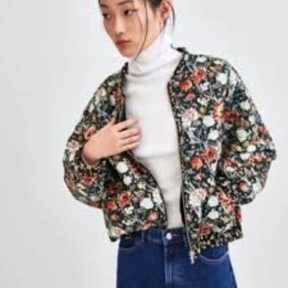 Zara Moody Tinsel Floral Quilted Bomber Jacket L - Picture 1 of 7